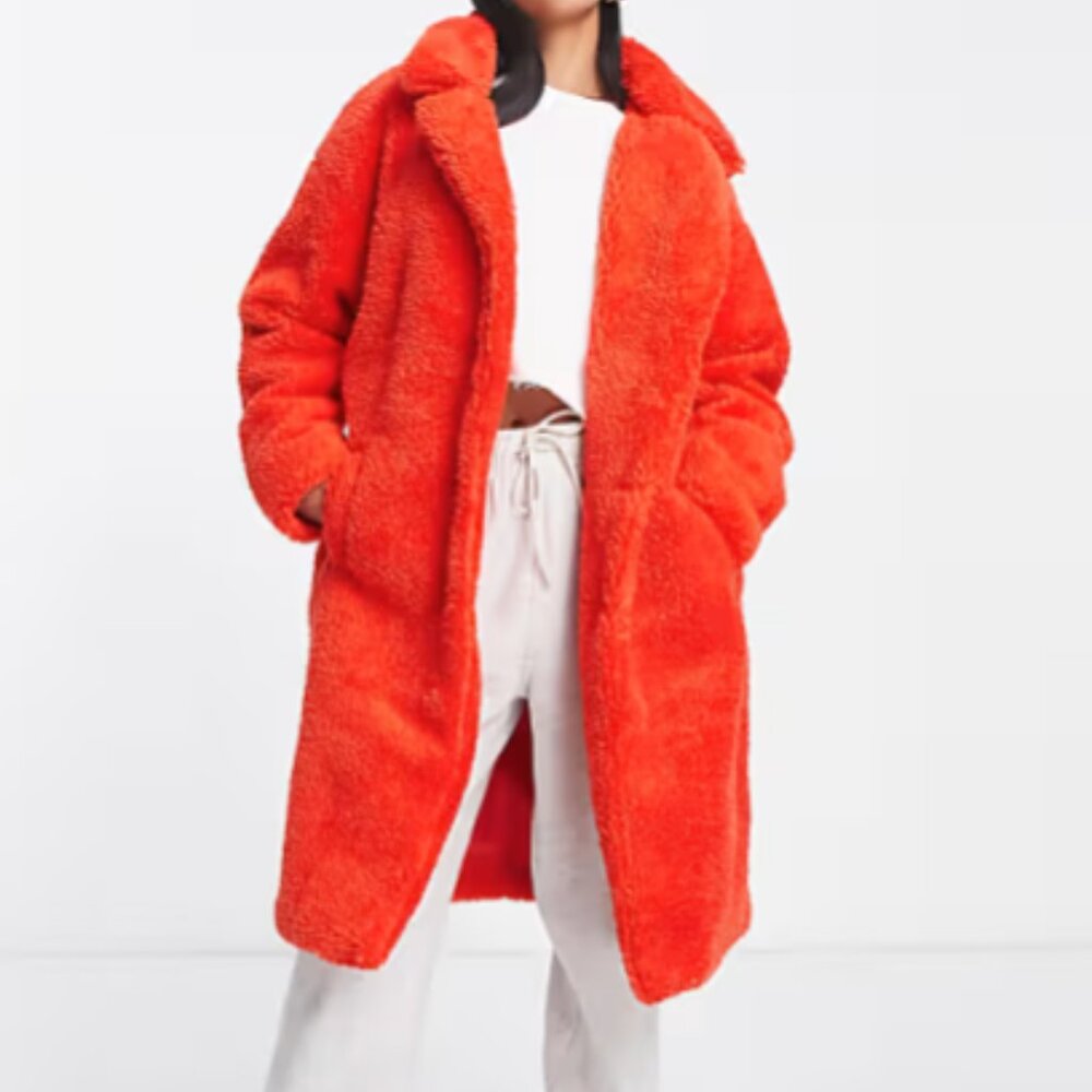 Threadbare Petite Oversized Longline Teddy Borg Coat in Red